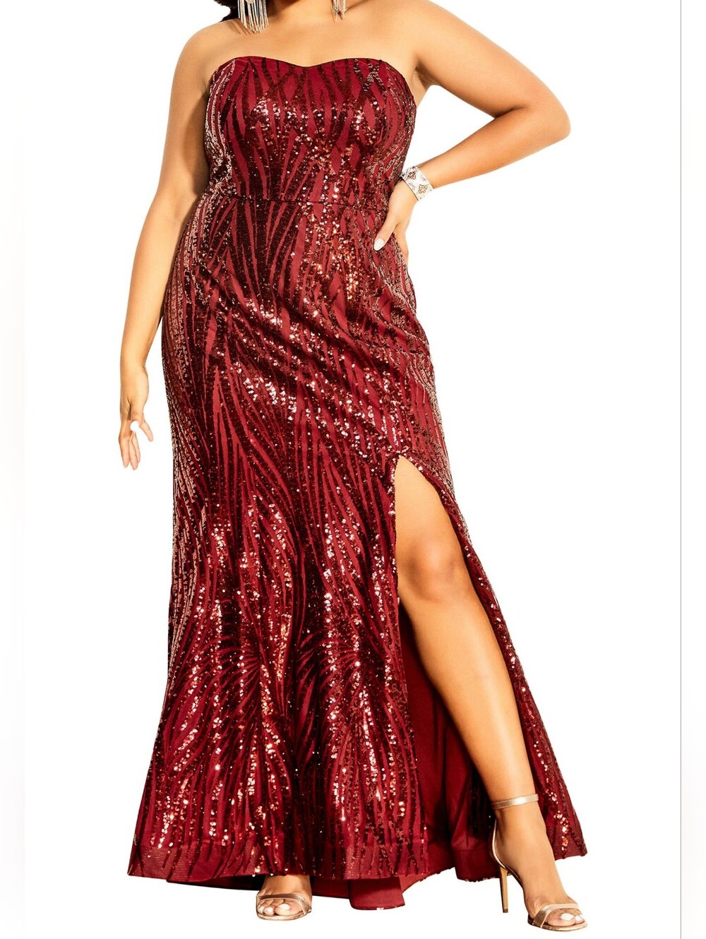 Sz L (US 20) City Chic Monroe Strapless Sequin Mermaid Gown Split Thigh Burgundy
